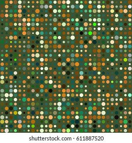 Modern graphic design with brown, white, green, blue circles of different size arranged in rows and columns. Abstract vector geometric halftones pattern, dots on dark green background. Dots pattern.