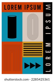 Modern graphic design cover with geometric silhouette figures and shapes. Brutalism basic elements. Bauhaus retro design.
