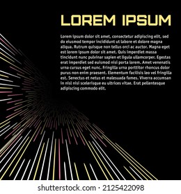 Modern Graphic Design Elements. Abstract Template with Clean Minimal Style. Broken Lines in Perspective Dark Background, Perspective of multicolored lines, motion effect vector with palce for text