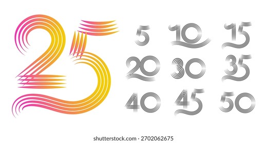 Elementos de design gráfico modernos com um gradiente vibrante 25 ao lado de uma coleção de números de aniversário de traçado de pincel cinza: 5, 10, 15, 20, 30, 35, 40, 45, 50. Ideal para celebrações e negócios...
