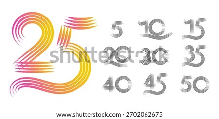 Modern graphic design elements featuring a vibrant gradient 25 alongside a collection of grey brush stroke anniversary numbers: 5, 10, 15, 20, 30, 35, 40, 45, 50. Ideal for celebrations and busines...