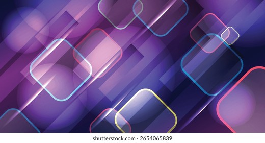 Diseño gráfico moderno con cuadrados y rectángulos superpuestos en vibrantes tonos púrpura, azul y rosa, con Gradientes suaves y contornos brillantes.