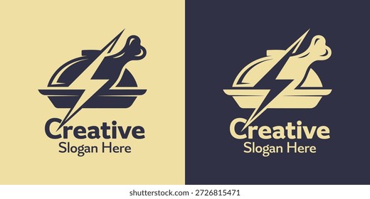 Design gráfico moderno com uma perna de frango assada em uma placa combinada com um raio dinâmico para velocidade e energia