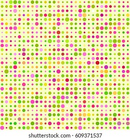 Modern graphic design with pink, crimson, rose, green and mustard colorful circles of different size arranged in lines. Abstract vector geometric pattern with dots on lemon color background. 