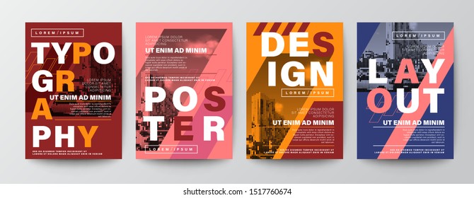 Modern Graphic Design Poster layout. Typography on diagonal grid with red, orange and blue background for Poster, Brochure, Flyer, leaflet, Annual report, Book cover, banner. Template in A4 size.