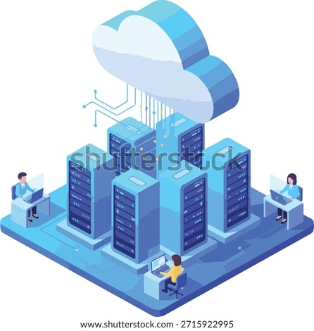 Modern graphic design showing an isometric cloud data center managed by IT professionals. This vector art represents secure data hosting, global networking systems, big data processing, and enterprise infrastructure services.