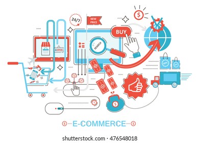 Modern graphic design style concept of online shopping, e-commerce online sales, digital marketing. Promo flat line color web Banner illustration.