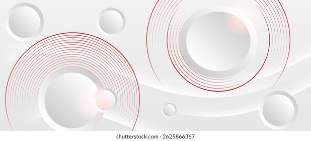 A modern graphic design using white tones and light red lines to create a sense of depth and movement. The image consists of circles of various sizes arranged in an orderly fashion.