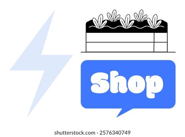 Modern graphic featuring a cake and the word Shop in a speech bubble alongside a thunderbolt. Ideal for bakeries, food, retail branding, logos, marketing, and advertising. Minimalist cartoon style