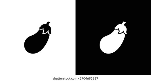 Gráfico moderno con dos iconos minimalistas de berenjenas, uno negro sobre blanco y otro blanco sobre negro, pantalla dividida.