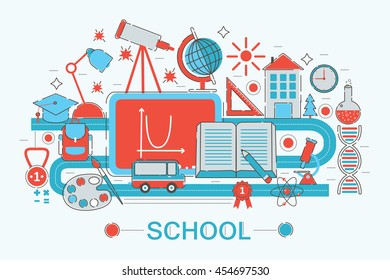 Modern graphic flat line design style infographics concept of School college with icons, for website, presentation and poster