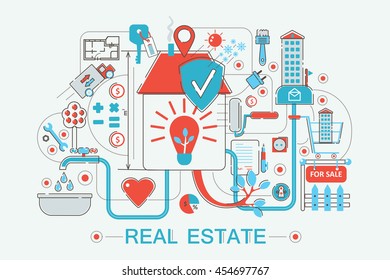 Modern graphic flat line design style infographics concept of Real estates with icons, for website, presentation and poster