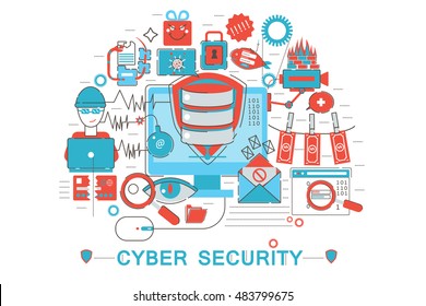 Modern graphic flat line design style infographics concept of Cyber security with icons, for website, presentation and poster