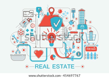 Modern graphic flat line design style infographics concept of Real estates with icons, for website, presentation and poster