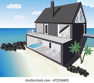 Modern graphic holiday house by the sea . Stylish design solution . Private beach, swimming pool , sun loungers.  Flat style vector illustration.