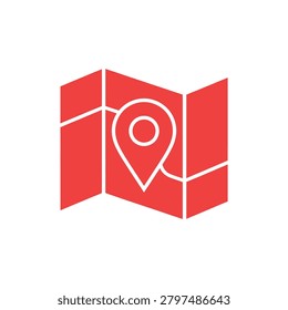 Modern graphic illustration of a location pin icon placed within three red folded map pages symbolizing navigation and travel