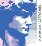 Modern Graphic Interpretation of the David Sculpture. Portrait of a Young Man Made of Blue Lines on a White and Pastel Pink Background. Vector Illustration with David Sculpture, ideal for Wall Art.