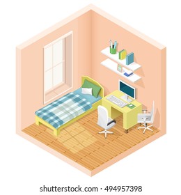 Modern graphic isometric room with bed and workplace. Isometric furniture icons. Vector illustration.