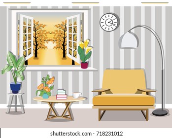 Modern graphic living room interior design with large window overlooking the autumn landscape.Comfortable stylish furniture - table, armchair, floor lamp and flowerpots.Flat style vector illustration.