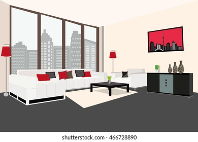 Modern graphic living room. Stylish interior design. Trendy furniture - sofa, armchair, table. Flat style vector illustration.