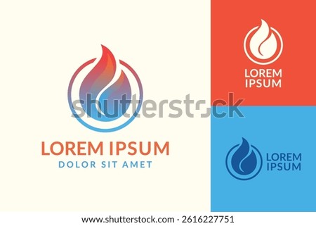 A modern, graphic logo design concept with a stylized flame within a circle, in a variety of color schemes.