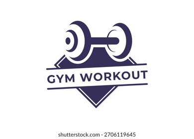 Design de logotipo gráfico moderno com um ícone de haltere dentro de um distintivo de diamante com texto WORKOUT GYM. Ideal para centros de fitness, treinadores pessoais ou marca de vestuário de treino.