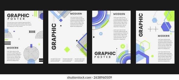 Modern graphic poster background vector set. Minimalist cover template with vibrant perspective geometric shapes. Ideal design for social media, cover, banner, flyer