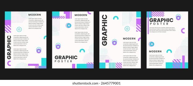 Conjunto de Vector de fondo de póster gráfico moderno. Plantilla de cubierta minimalista con Formas geométricas de perspectiva vibrantes. Diseño ideal para redes sociales, portada, Anuncio, flyer