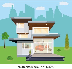 Modern graphic private house . Stylish design project . Bright house with panoramic windows .  Flat style vector illustration.