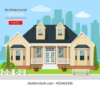 Modern graphic private house with trees, flowers and city skyline. Real estate. Stylish detailed building with yard. Flat style vector illustration.