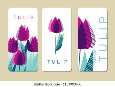 Modern graphic purple tulip flowers vector illustration on white backdrop. Elegant floral element for header, card, invitation, poster, cover and other web and print design projects 