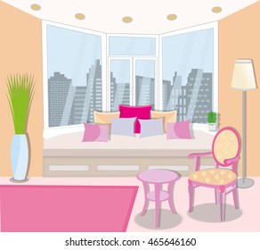 Modern graphic room with panoramic windows . Stylish interior design . Bright furniture - table, chair , sofa. Flat style vector illustration.