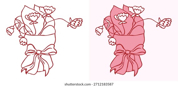 Conjunto gráfico moderno de delicadas flores silvestres de primavera y hojas dispuestas en un hermoso ramo, presentado tanto en Ilustración vectorial de contorno como de color plano para proyectos de diseño versátiles. 