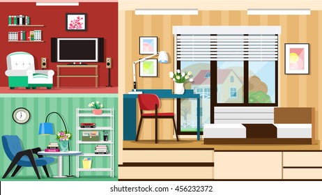 Moderno conjunto gráfico de muebles elegantes de habitaciones. El diseño interior de las habitaciones. Ilustración vectorial de estilo plano. 