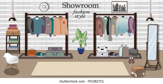 Modern graphic showroom interior design with coat racks. Bright stylish clothes, shoes and accessories for men. Flat style vector illustration.