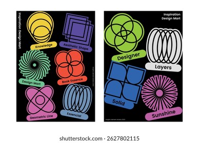 Modern graphic sticker collection inspired by Bauhaus and retro pop design abstract vector icons geometric minimalism vibrant colorful element bold line shapes event poster flyer mobile simple visual