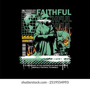 Modern graphic t-shirt design with a Faithful Typography slogan and angel statue in grunge style. Ideal for print design, t-shirts, streetwear, hoodies, and more