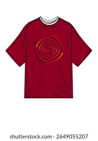
Camiseta Gráfica Moderna. Impressão espiral geométrica em Burgundy Tee Mockup. Camiseta Maroon com design colorido de vórtice espiral com pontos geométricos e padrão de espiral abstrato na frente