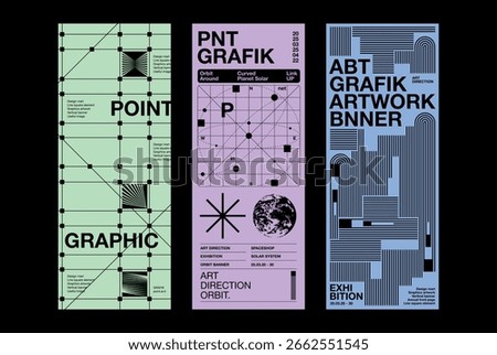 Modern graphic vertical banner ticket template point line art poster cover trendy grid pattern planet orbit earth star abstract geometric element visual graphic design set layout editorial square