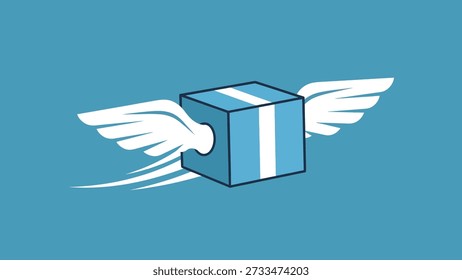 Gráfico moderno de una caja azul alada en vuelo, que simboliza la entrega rápida de paquetes, la logística eficiente y el envío expreso para el comercio electrónico y las soluciones de transporte rápido