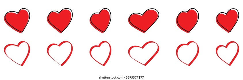 Modern graphical collection of red hearth icon on white page. Vector art of love abstract. Vintage modern hand drawn hearts icon. Valentines day modern hand drawn heart shape icons set. EPS 10. 