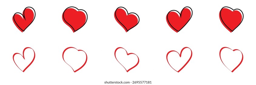 Modern graphical collection of red hearth icon on white page. Vector art of love abstract. Vintage modern hand drawn hearts icon. Valentines day modern hand drawn heart shape icons set. EPS 10. 