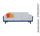 Modern gray sofa with colorful pillows flat vector illustration. Comfortable couch isolated on white background for interior design