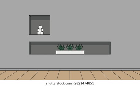 Modern gray wall with two minimalist built-in niches holding a small geometric sculpture and green potted plants.