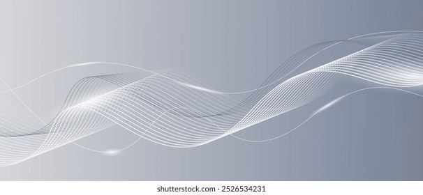 Modern gray and white background. Abstract Futuristic shining wave lines.