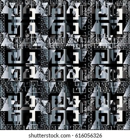 Modern greek key seamless pattern.  Geometric vector  background wallpaper illustration with  3d vintage tile ornaments, squares, triangles,  rhombus.  Decor with shadows and highlights