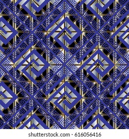 Modern greek key seamless pattern.  Geometric vector   background wallpaper illustration with blue  3d vintage tile ornaments, squares,,triangles, rhombus, figures.. Decor with shadows and highlights