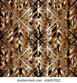 Modern greek key seamless pattern. Geometric vector  background wallpaper illustration with gold 3d vintage tile ornaments, squares,,triangles, rhombus, figures..Decor with shadows and highlights