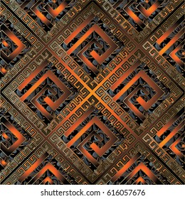 Modern greek key seamless pattern.  Geometric vector  background wallpaper illustration with gold 3d vintage tile ornaments, squares, rhombus, damask leaves  flowers. Decor with shadows and highlights