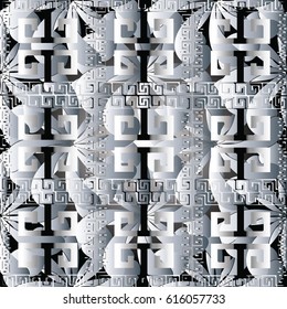 Modern greek key seamless pattern.  Geometric vector  background wallpaper illustration with  3d vintage tile ornaments, squares,stripes,  rhombus, flowers..  Decor with shadows and highlights